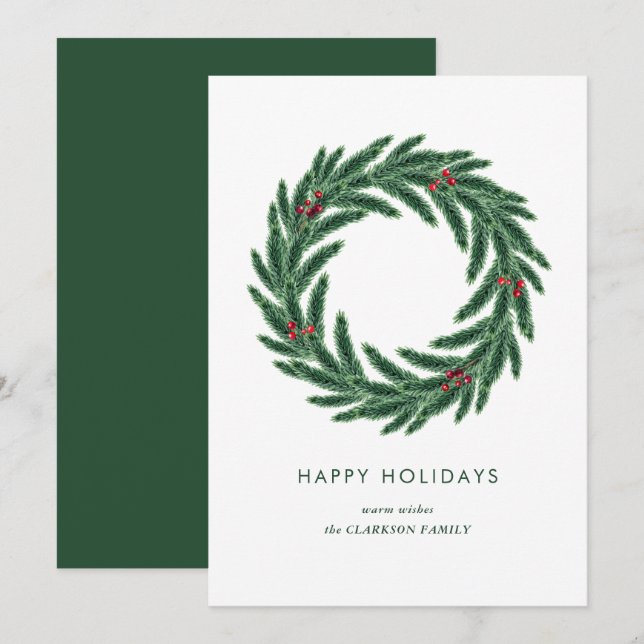 Simple Elegant Pine Holly Wreath Christmas Holiday Card (Front/Back)