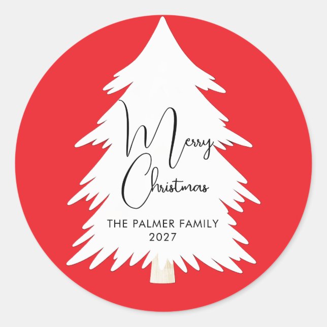 Simple Elegant Pine Tree Script Merry Christmas Classic Round Sticker (Front)
