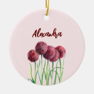 Simple Elegant Pink Alliums Flower Watercolor Ceramic Ornament