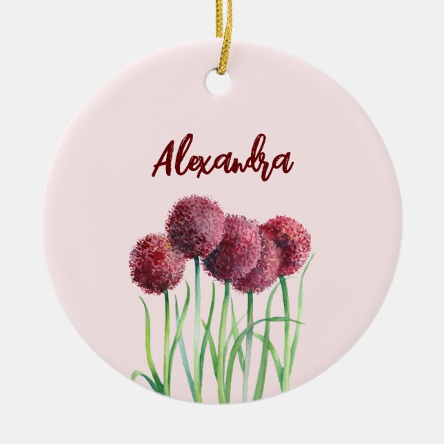 Simple Elegant Pink Alliums Flower Watercolor Ceramic Ornament (Front)