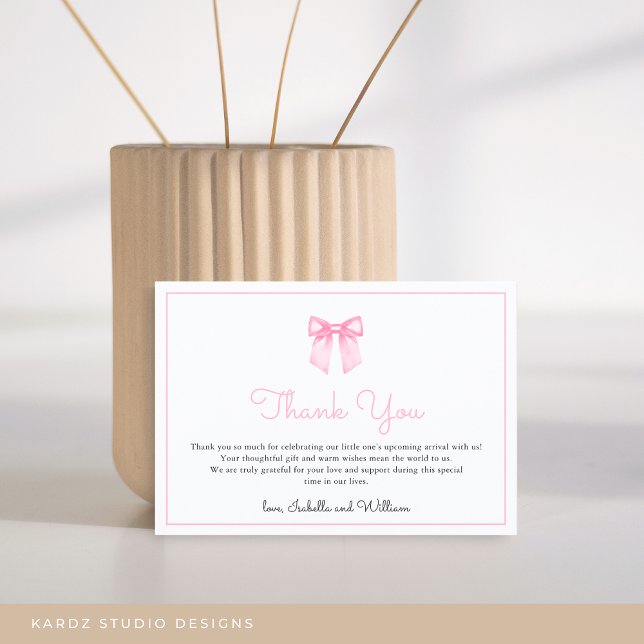 Simple Elegant Pink Bow Baby Shower Thank You Card (Card shown in 3.5 x 5 inches, personalize and choose paper style before checkout.)