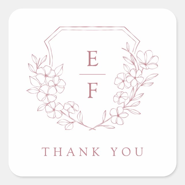 Simple Elegant Pink Cherry Blossom Monogram Crest  Square Sticker (Front)