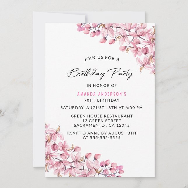 Simple Elegant Pink Floral 70th Birthday Invitation (Front)