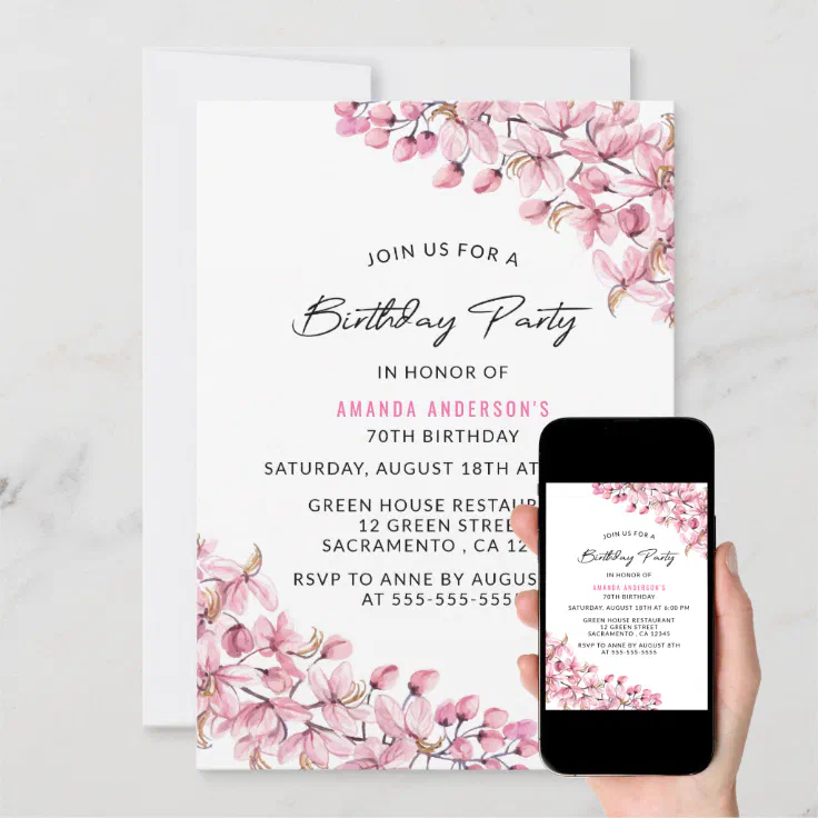 Simple Elegant Pink Floral 70th Birthday Invitation Zazzle