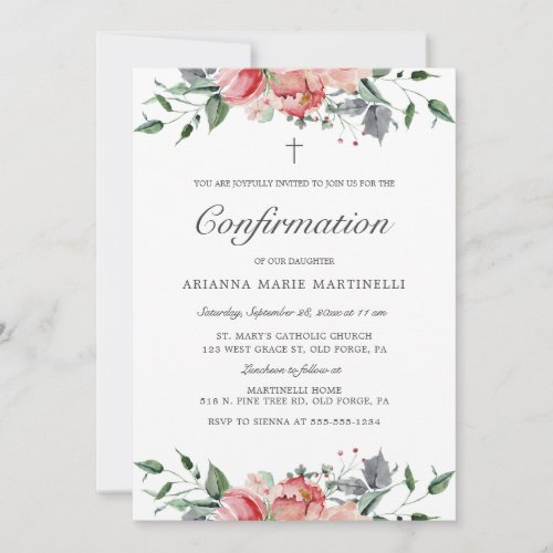 Simple Elegant Pink Floral Confirmation for Girls Invitation