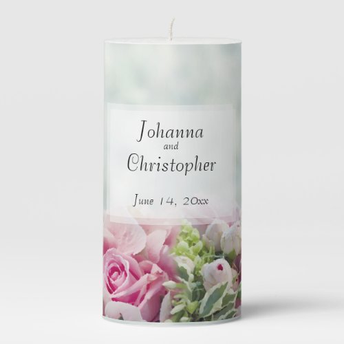 Simple Elegant Pink Floral on Teal Wedding Pillar Candle
