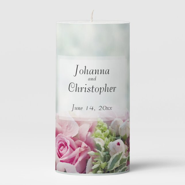 Simple Elegant Pink Floral on Teal Wedding Pillar Candle (Front)