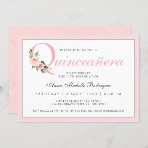 Simple Elegant Pink Floral Quinceanera Birthday Invitation