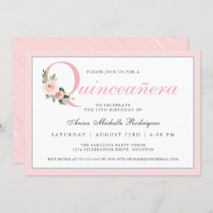 Simple Elegant Pink Floral Quinceanera Birthday Invitation