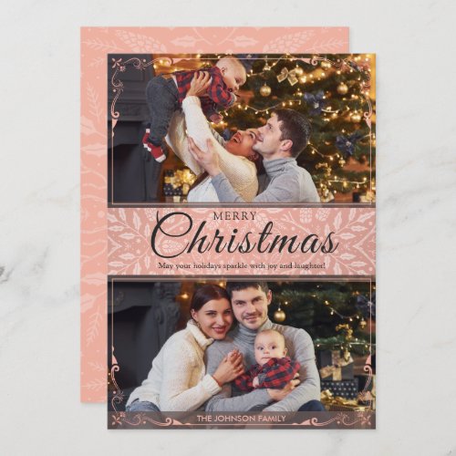 Simple Elegant Pink Frame 2 Photo Christmas Holiday Card