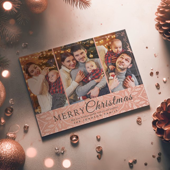 Simple Elegant Pink Frame 3 Photo Christmas Holiday Postcard (Creator Uploaded)