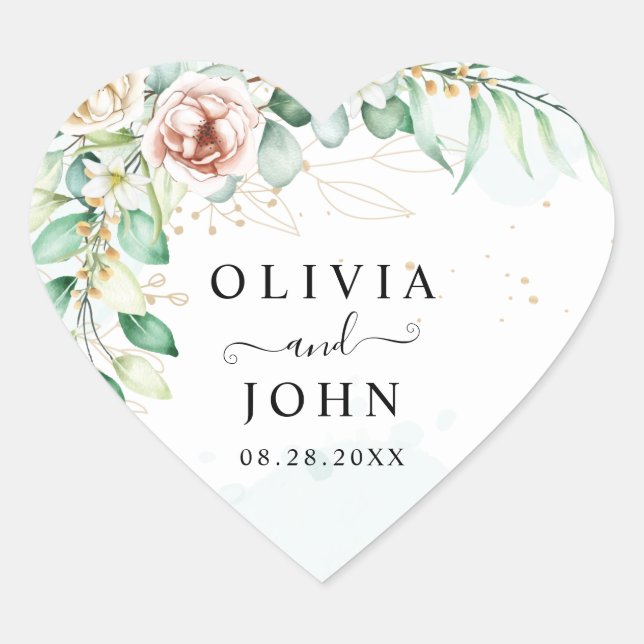 Simple Elegant Pink Geometric Floral Greenery Heart Sticker (Front)