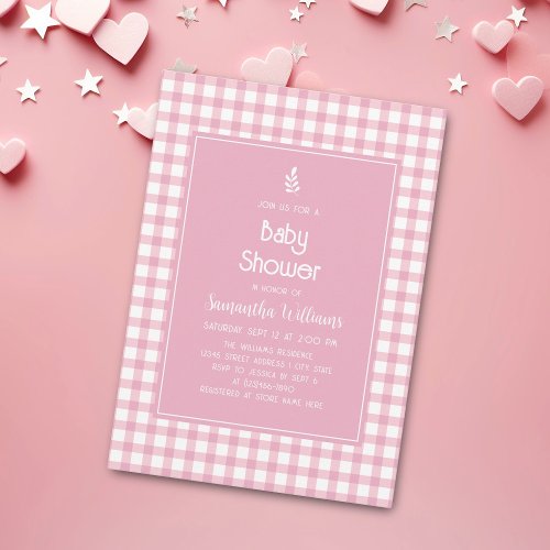 Simple Elegant Pink Gingham Plaid Girl Baby Shower Invitation