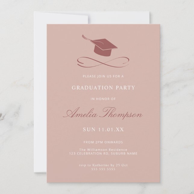 Simple Elegant Pink Grad Cap Party Graduation Invitation (Front)