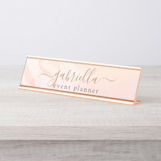 Simple Elegant Pink Peach Marble signature script Desk Name Plate
