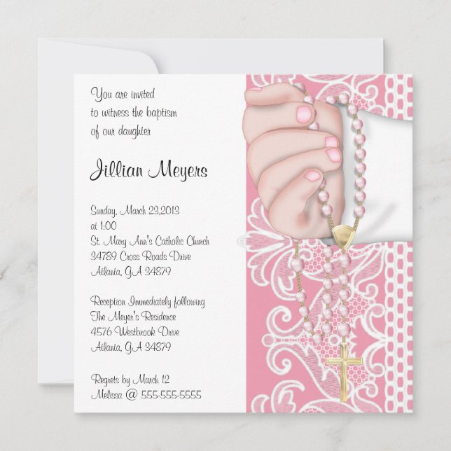 Simple Elegant Pink Rosary Baptism/Christening Invitation (Front)