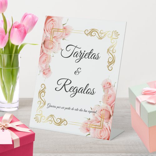 Simple Elegant Pink Rose Gold Floral Quincea&#241;era Pedestal Sign