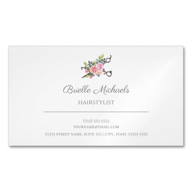 Simple Elegant Pink Rose Scissors Hair Stylist Business Card Magnet (Front)