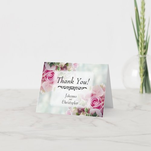 Simple Elegant Pink Roses Floral on Teal Wedding Thank You Card