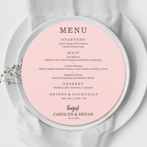 Simple Elegant Pink Round Wedding Dinner Menu