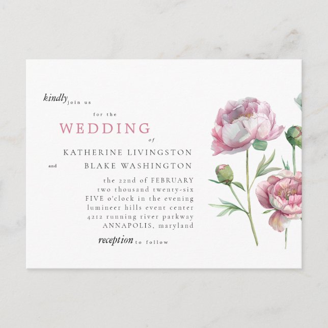 Simple Elegant Pink Stem Postcard Wedding (Front)