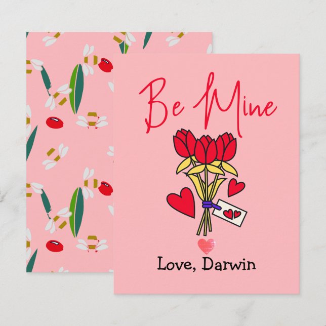simple elegant pink valentine, be mine note card (Front/Back)