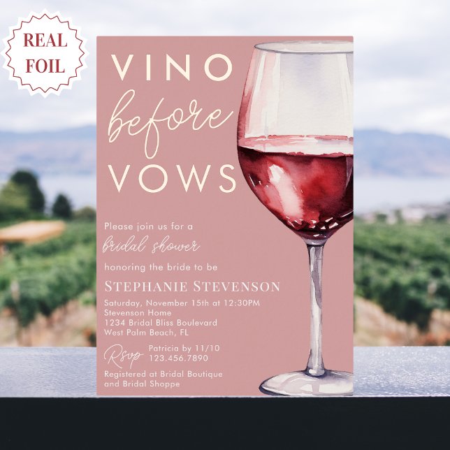 Simple Elegant Pink Vino Before Vows Bridal Shower Foil Invitation (Creator Uploaded)