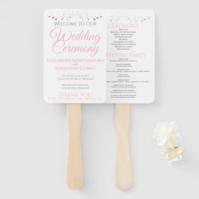 Simple Elegant Pink White & Gray Wedding Program Hand Fan (Front and Back)