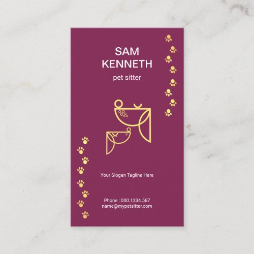 Simple Elegant Plain Purple Gold Paws Pet Sitter Business Card