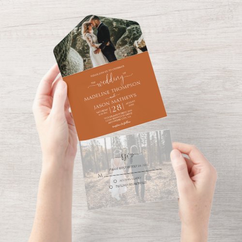 Simple Elegant Plain Terracotta Photo Wedding All In One Invitation