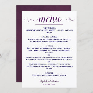 Simple Elegant Plum & Navy Blue on White Wedding Menu