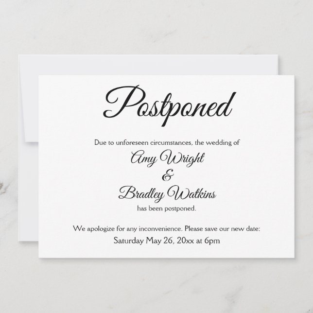 Simple, Elegant Postponed Wedding Announcement (Front)