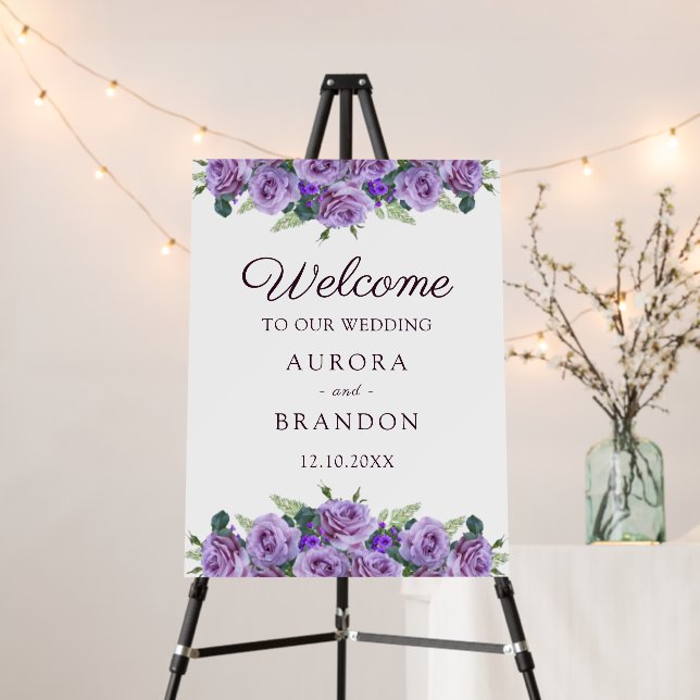Simple Elegant Purple Floral Wedding Welcome Sign (In Situ (Stand))