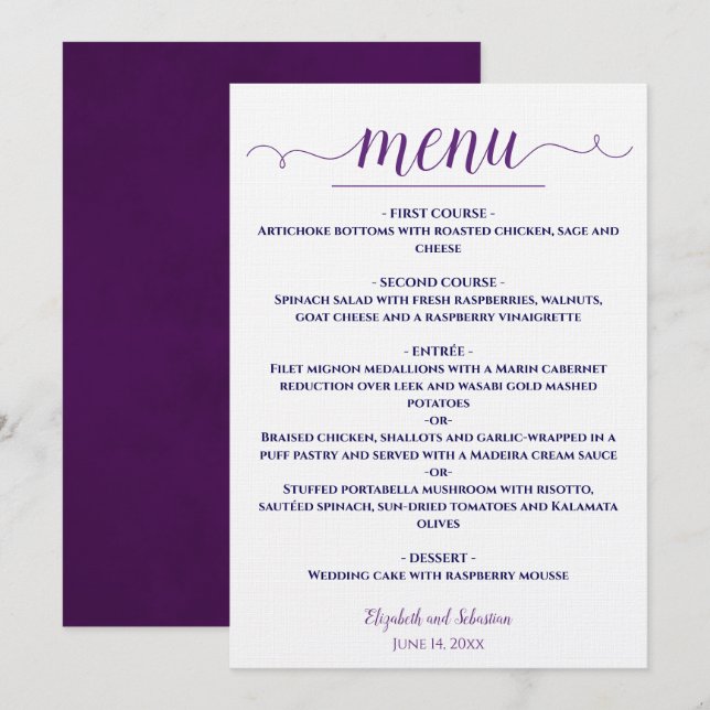 Simple Elegant Purple & Navy Blue on White Wedding Menu (Front/Back)