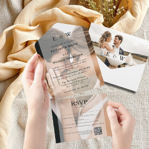 Simple Elegant QR code RSVP Photo Overlay Wedding All In One Invitation