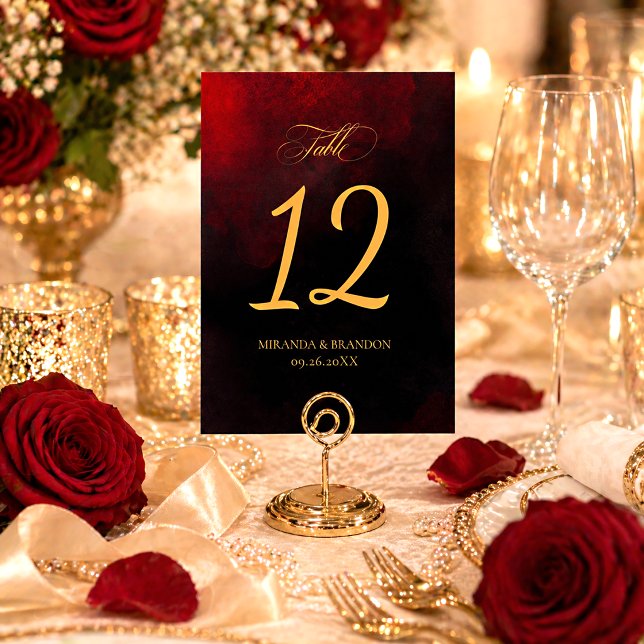 Simple Elegant Red Black Gold Calligraphy Wedding Table Number (Creator Uploaded)
