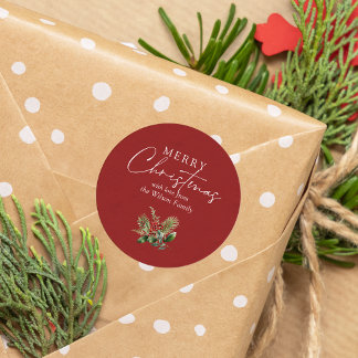 Simple Elegant Red Christmas Greenery Classic Round Sticker