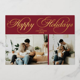 Simple Elegant Red Family Photo Collage Christmas Foil Holiday Card