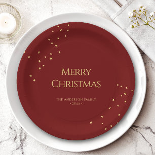 Simple Elegant Red & Gold Confetti Merry Christmas Paper Plates