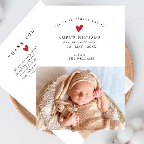 Simple Elegant Red Heart 2 Photos Baby Shower Thank You Card