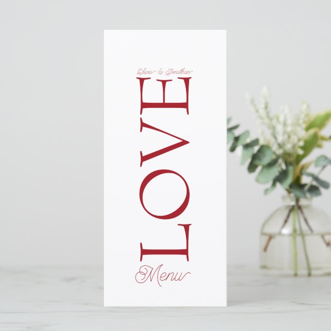 Simple Elegant Red Love Wedding Menu Card (Standing Front)