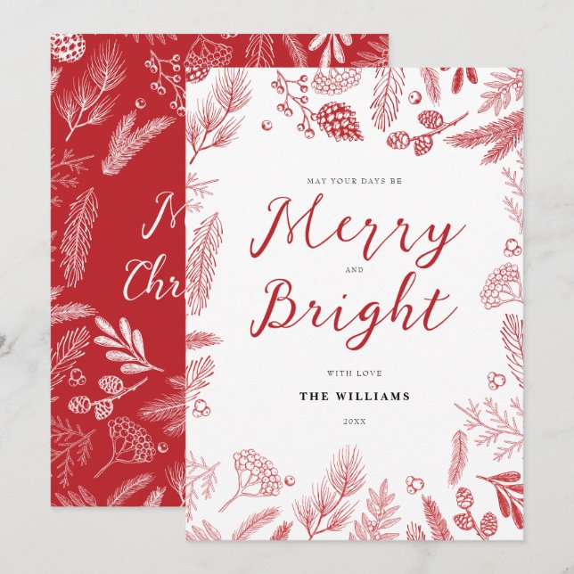 Simple Elegant Red Merry and Bright Christmas Holiday Card (Front/Back)