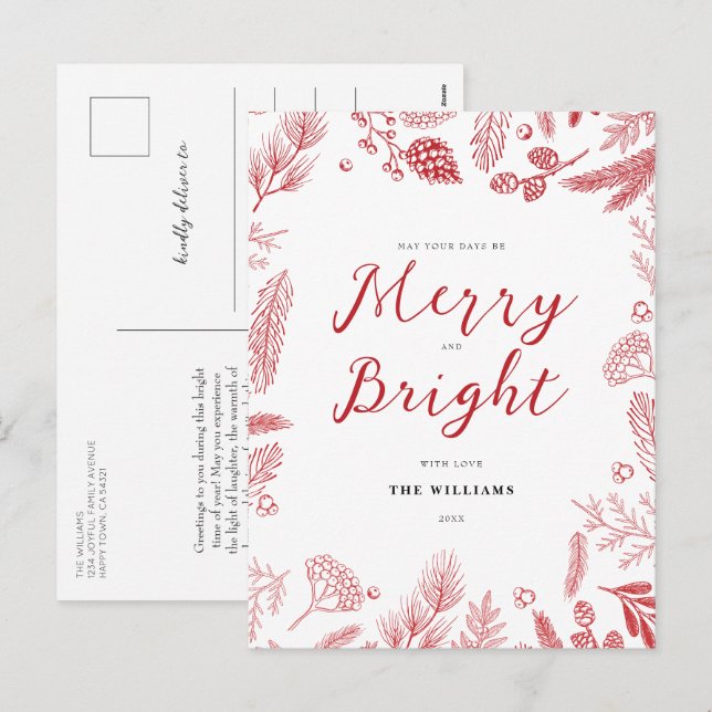 Simple Elegant Red Merry and Bright Christmas Holiday Postcard (Front/Back)