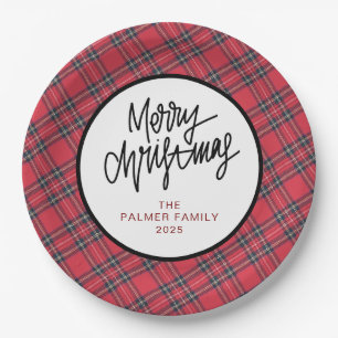 Simple Elegant Red Plaid Christmas Family Name Paper Plates