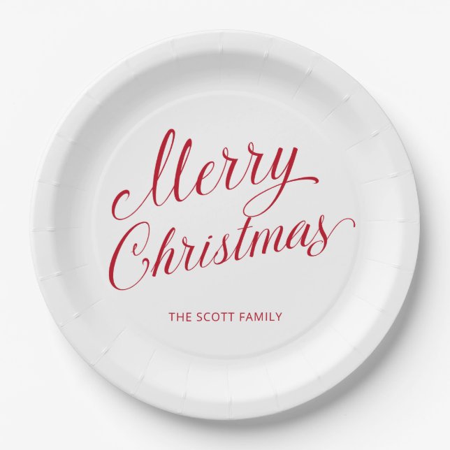 Simple Elegant Red Script Modern Christmas Paper Plates (Front)