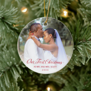 Simple Elegant Red Script Our First Christmas Ceramic Ornament