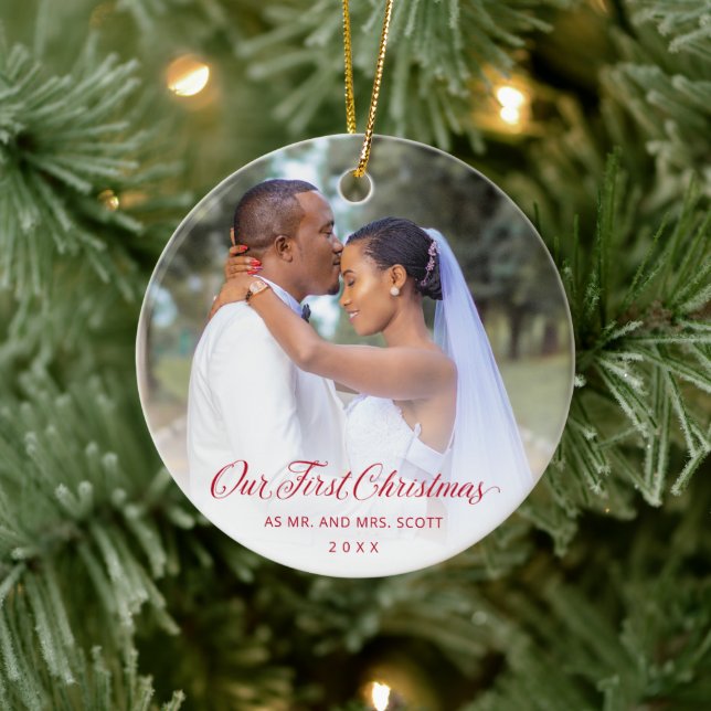 Simple Elegant Red Script Our First Christmas Ceramic Ornament (Tree)