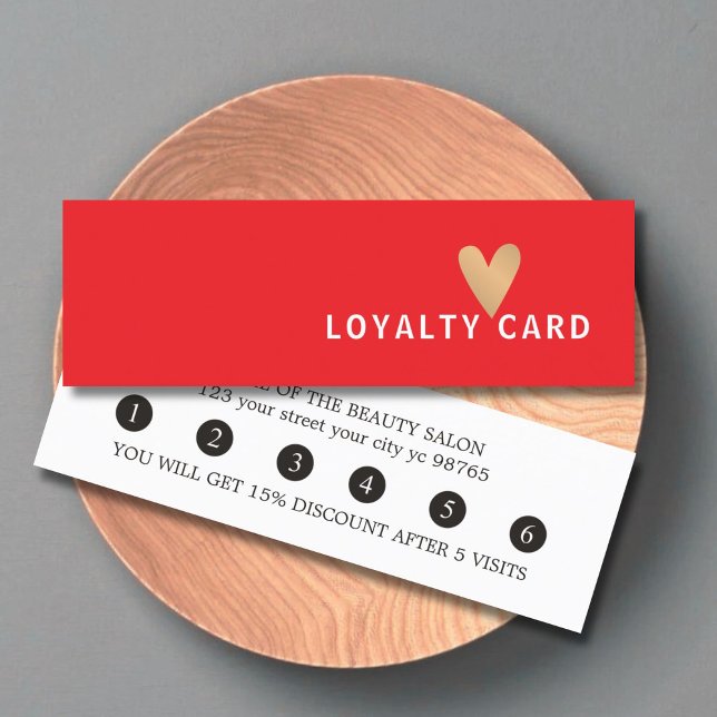 Simple Elegant Red White Faux Gold Heart Loyalty Card (Creator Uploaded)