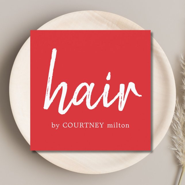 Simple Elegant Red White Hair Stylist Square Business Card (Creator Uploaded)