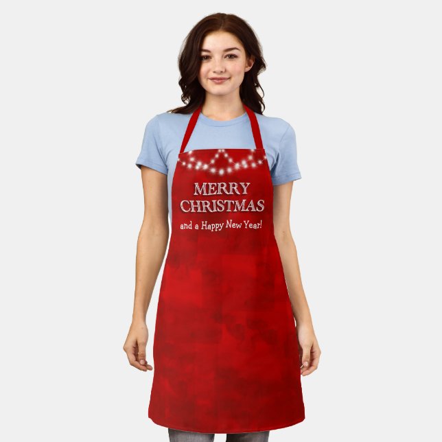 Simple Elegant Red White Merry Christmas Lights Apron (Worn)